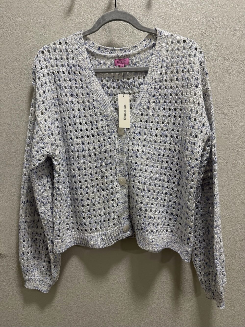 Francesca's Collections Pale Blue Open-Weave Button Cardigan